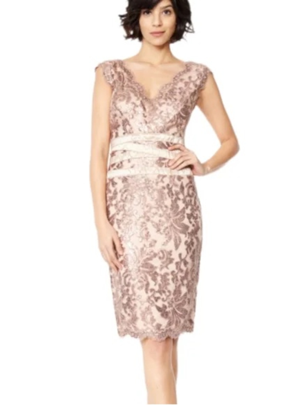 Tadashi Shoji Pailette Embroidered Lace V-Neck Dress in Dusty Rose Gold sz 2